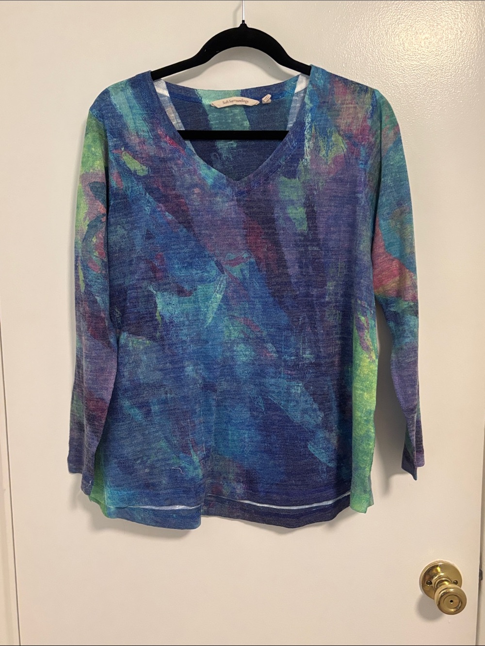 Soft Surroundings Blue-Green V-Neck Painterly Long Sleeve Top